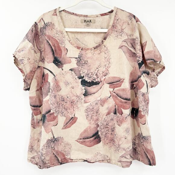 Flax Women Beachy Tropical Hydrangea Floral 100% Linen Short‎ Sleeve Top 18-20 - Picture 1 of 5